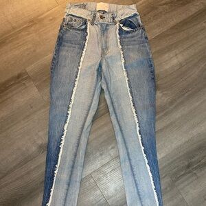 Revice High Waist Two Toned Raw Hem Patchwork Straight Leg Jeans
